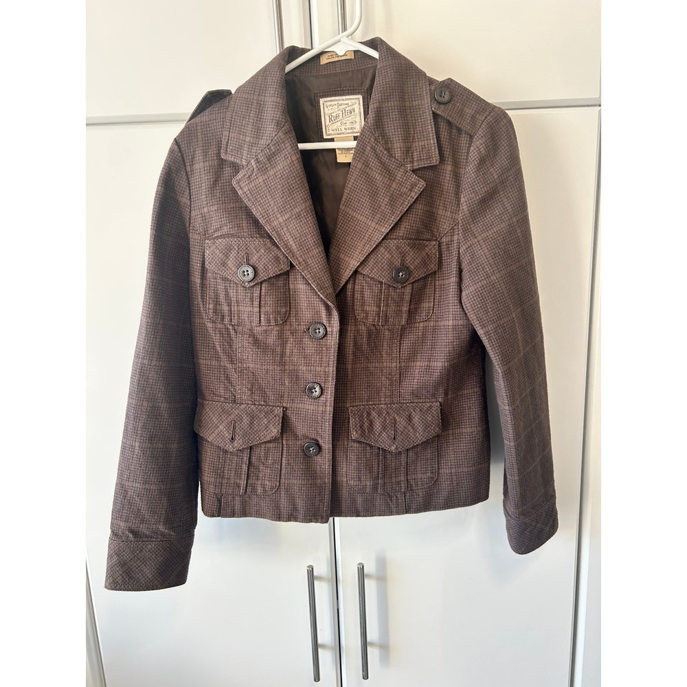 Ruff Hewn Womens Large Brown Houndstooth‎ Plaid Utility Safari Jacket Blazer